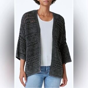 Lucky Brand Dark Acid Wash Open Front Crochet Cardigan Size Small